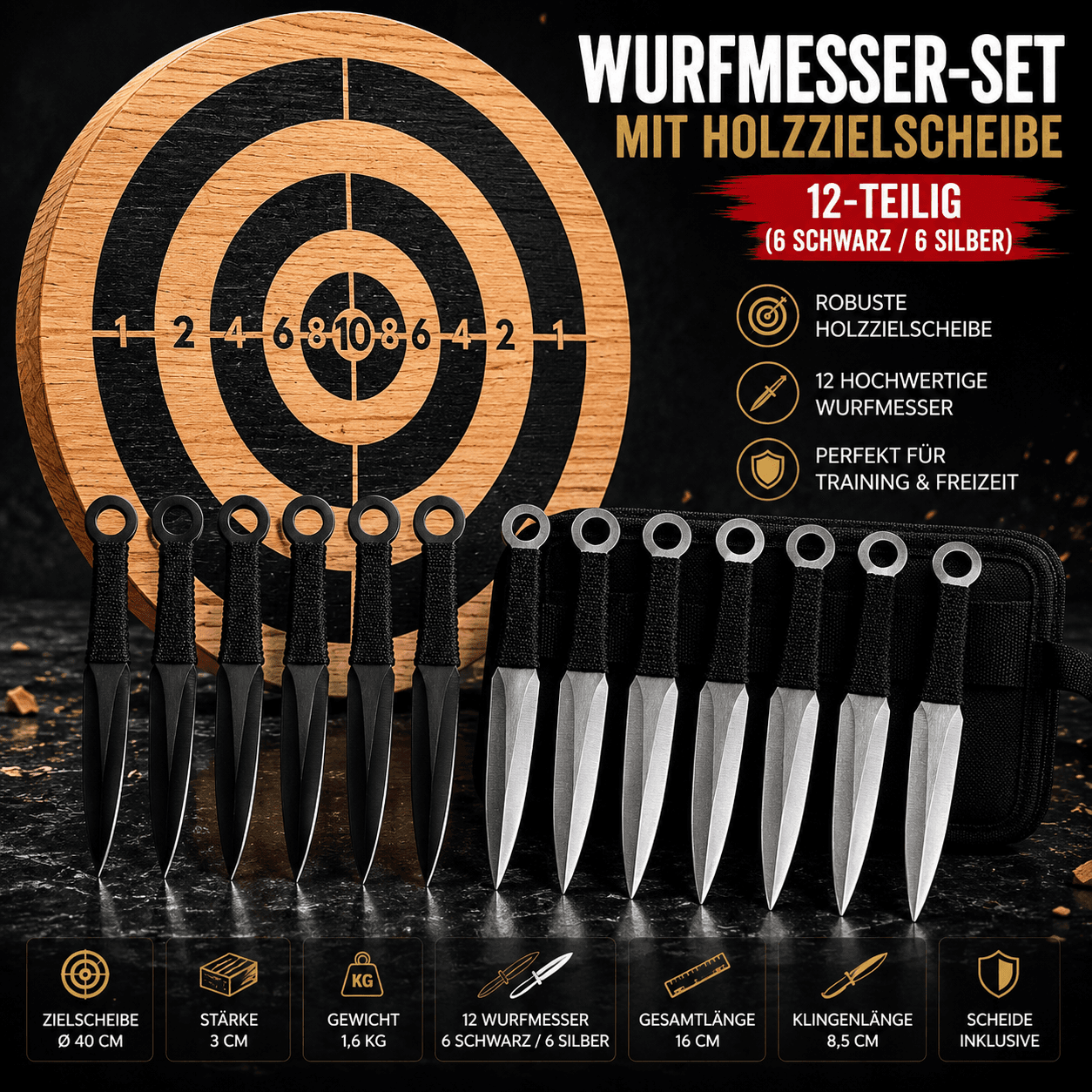 Wurfmesser-Set mit Holzzielscheibe – 12-teilig (6 Schwarz / 6 Silber)