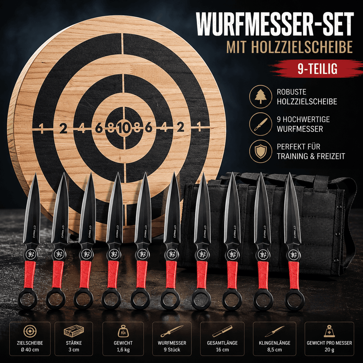 Wurfmesser-Set mit Holzzielscheibe – 9-teilig