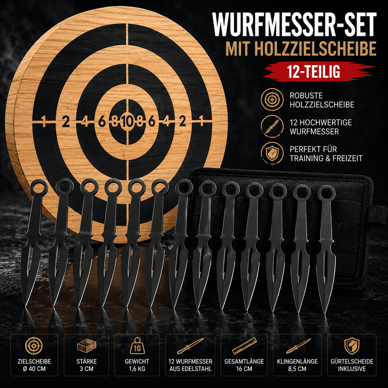 12 schwarze Wurfmesser mit Holzzielscheibe – Set