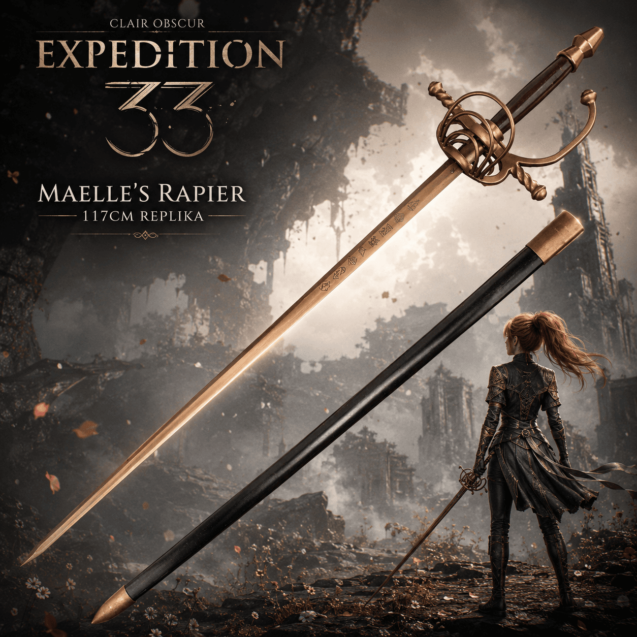 Clair Obscur: Expedition 33 – Maelles Rapier (117 cm) Stahl-Replika mit Holzscheide