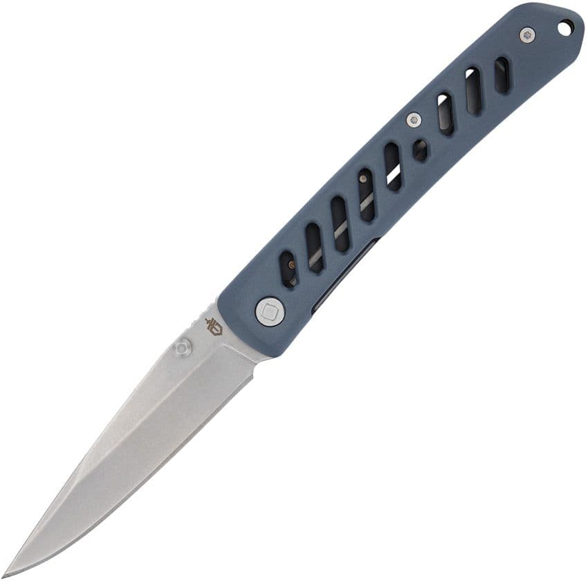 Affirm, Stonewashed Clip Point-Klinge, geschlitzter blauer Aluminiumgriff
