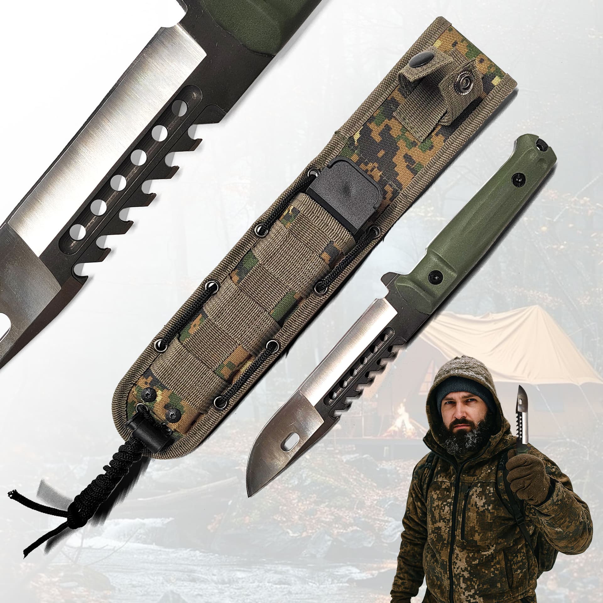 Jagdmesser mit Sägerücken und Scheide