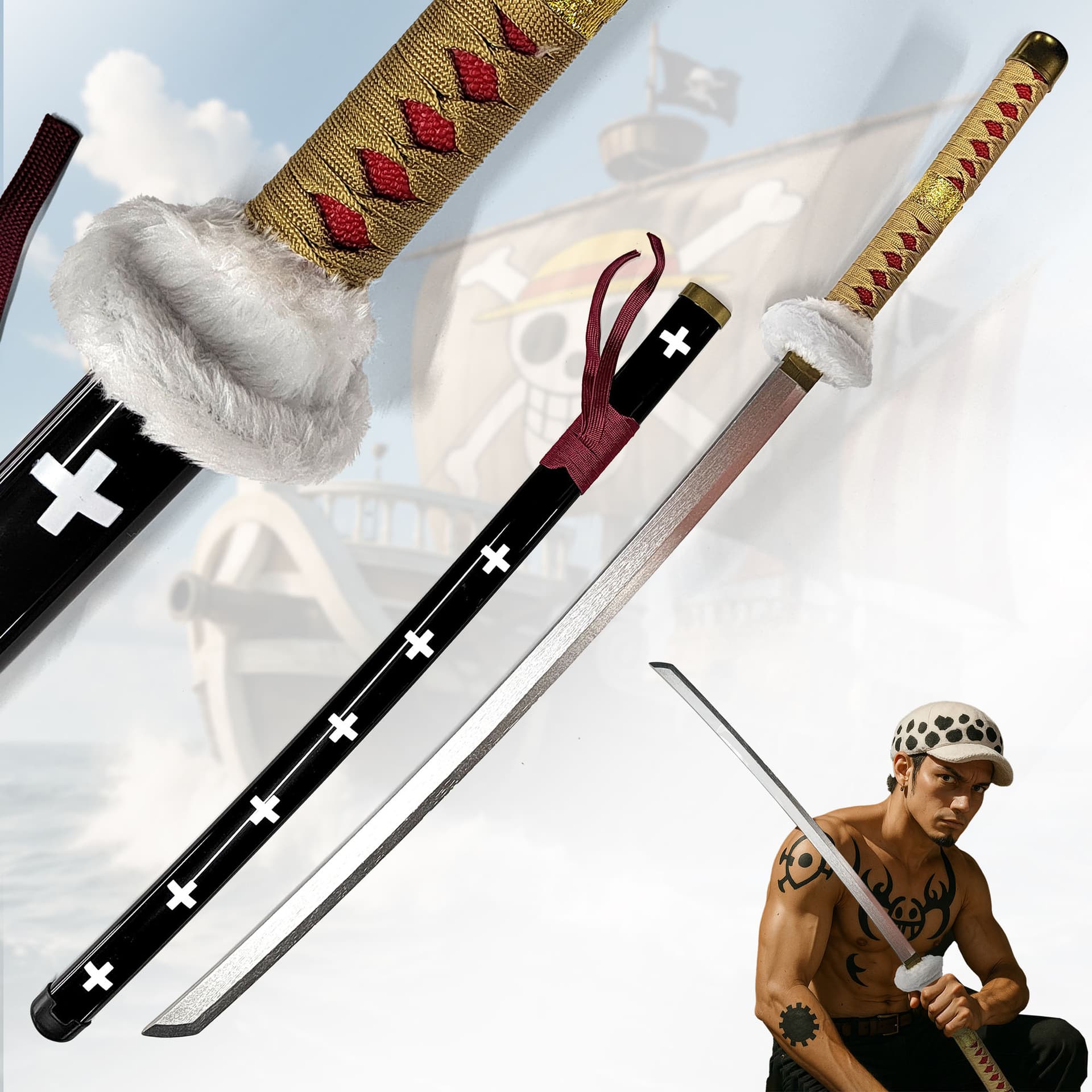 One Piece - Trafalgar Law Schwert brauner Griff aus Holz mit Scheide und Ständer 