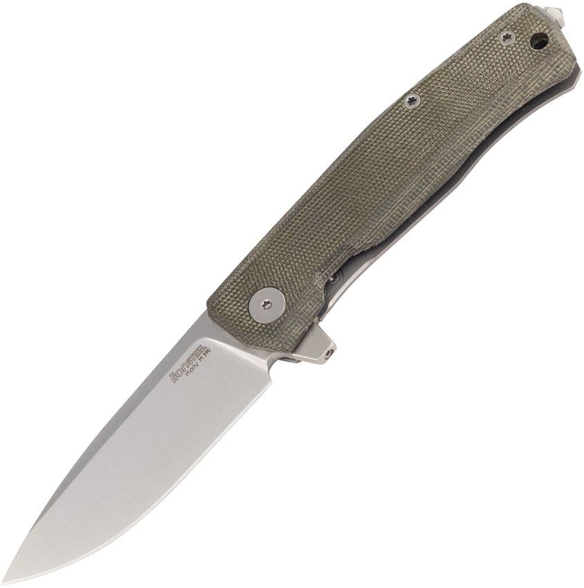 Myto, M390 Satin-Klinge, grünes Canvas-Micarta und Titan-Griff