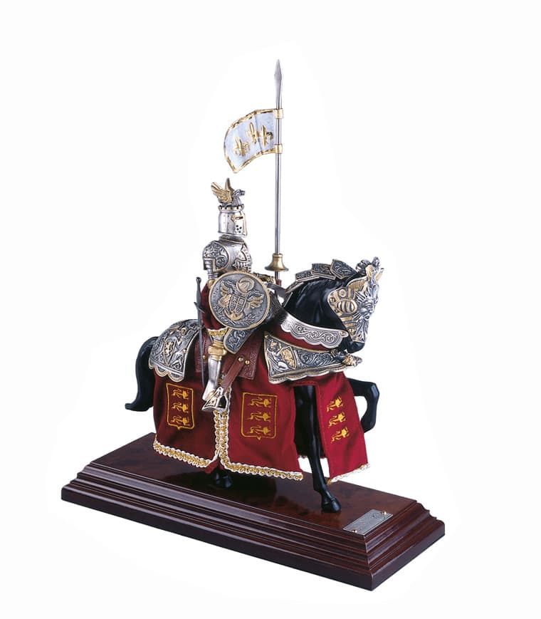 Miniatur Ritter auf Pferd, Drachenhelm, silber/rot