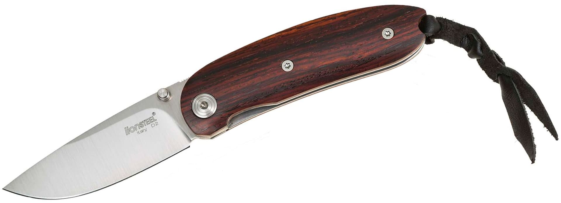 Mini-Klappmesser, Klinge aus satiniertem D2-Werkzeugstahl, Griffe aus Santos-Holz, Ledertasche