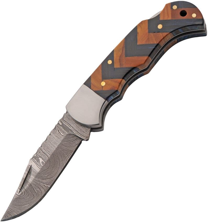 Damast-Taschenmesser mit blau-braunem Edelholzgriff