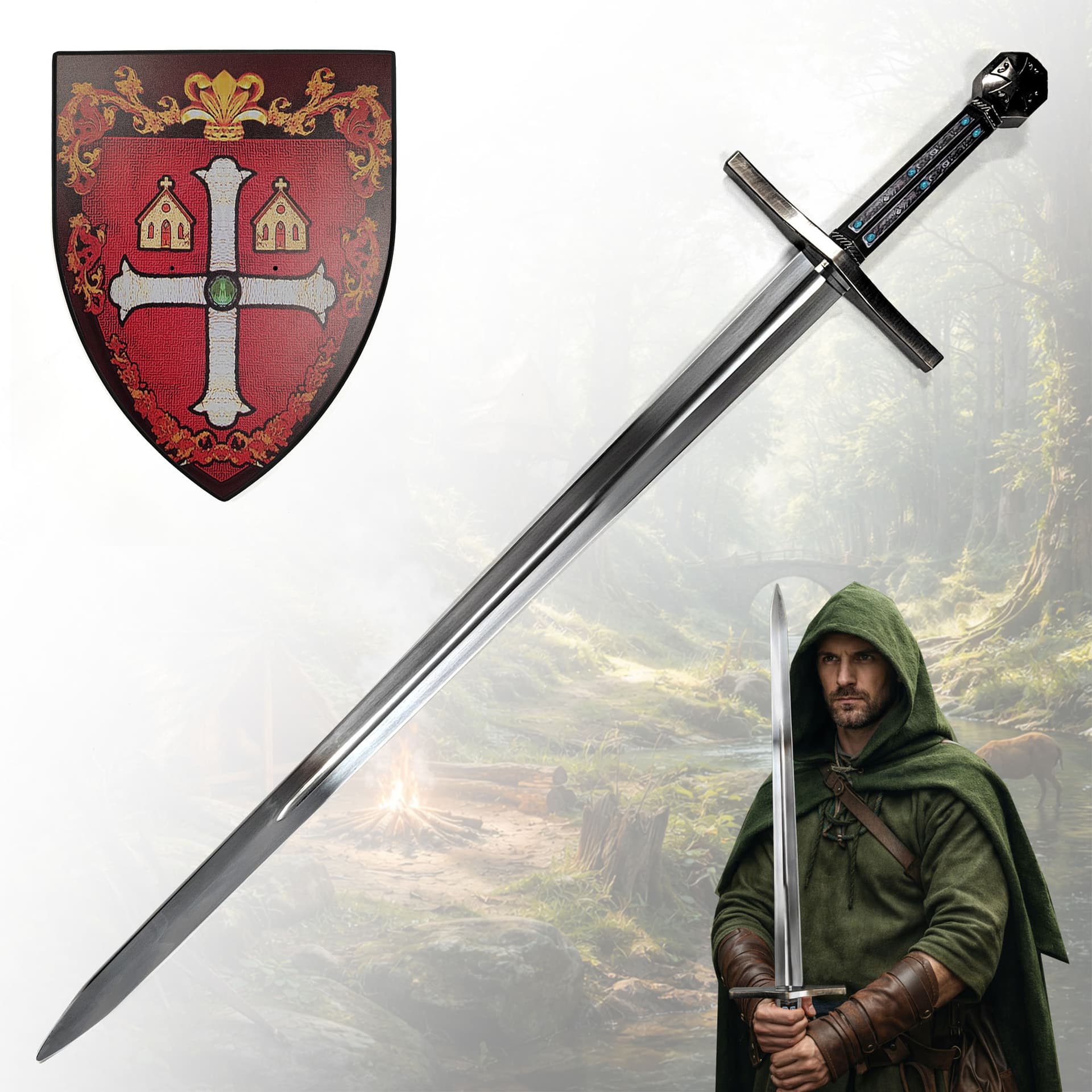 Robin Hood Filmschwert – 114cm Stahl-Replik mit Holzgriff & Wandhalter