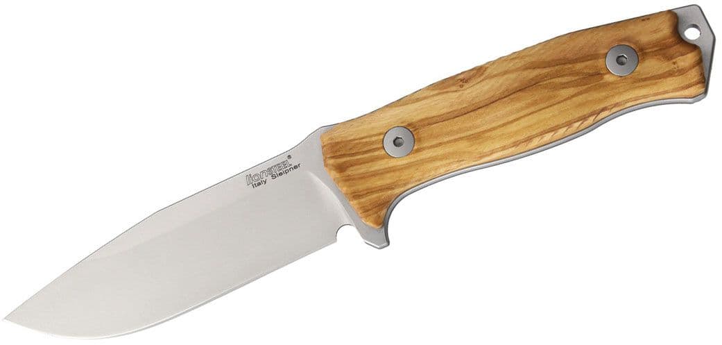 M5 Jagdmesser, Satin Sleipner Glatte Klinge, Griff aus Olivenholz, Lederscheide