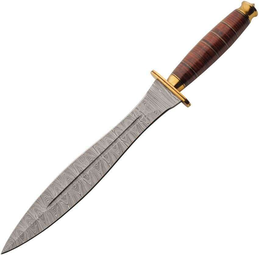 Spearpoint Damast Dolch – 38cm Zweischneidig mit Ledergriff & Messing