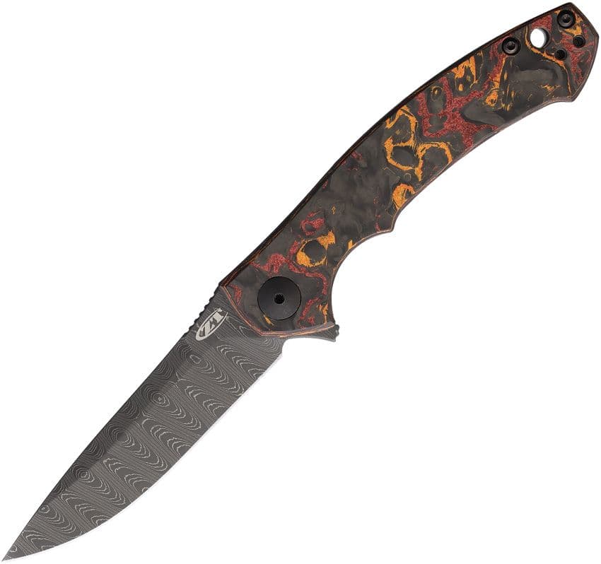 Dmitry Sinkevich Messer, Damaszener Drop-Point-Klinge,  mehrfarbig marmorierter Griff