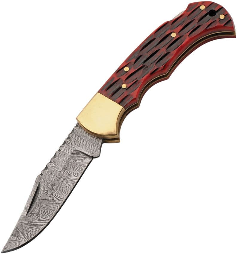 Emberlock – Klassisches Damast-Taschenmesser mit rotem Knochen-Griff (Jigged Bone)