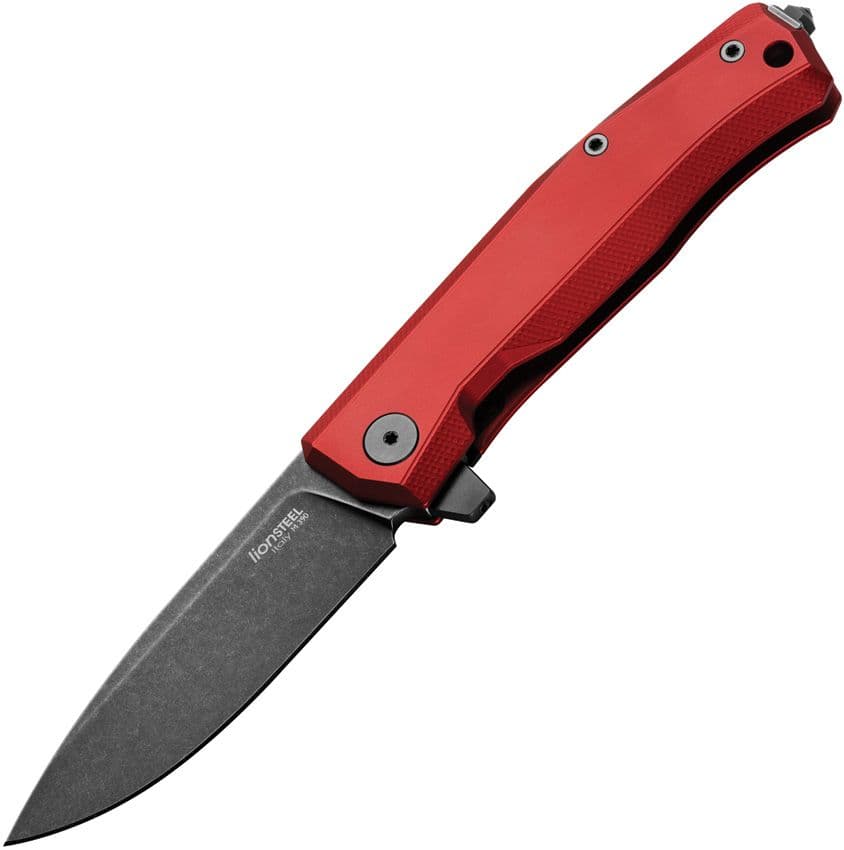Myto, M390-Klinge mit schwarzer PVD-Beschichtung und Stonewashed-Effekt, roter Aluminiumgriff