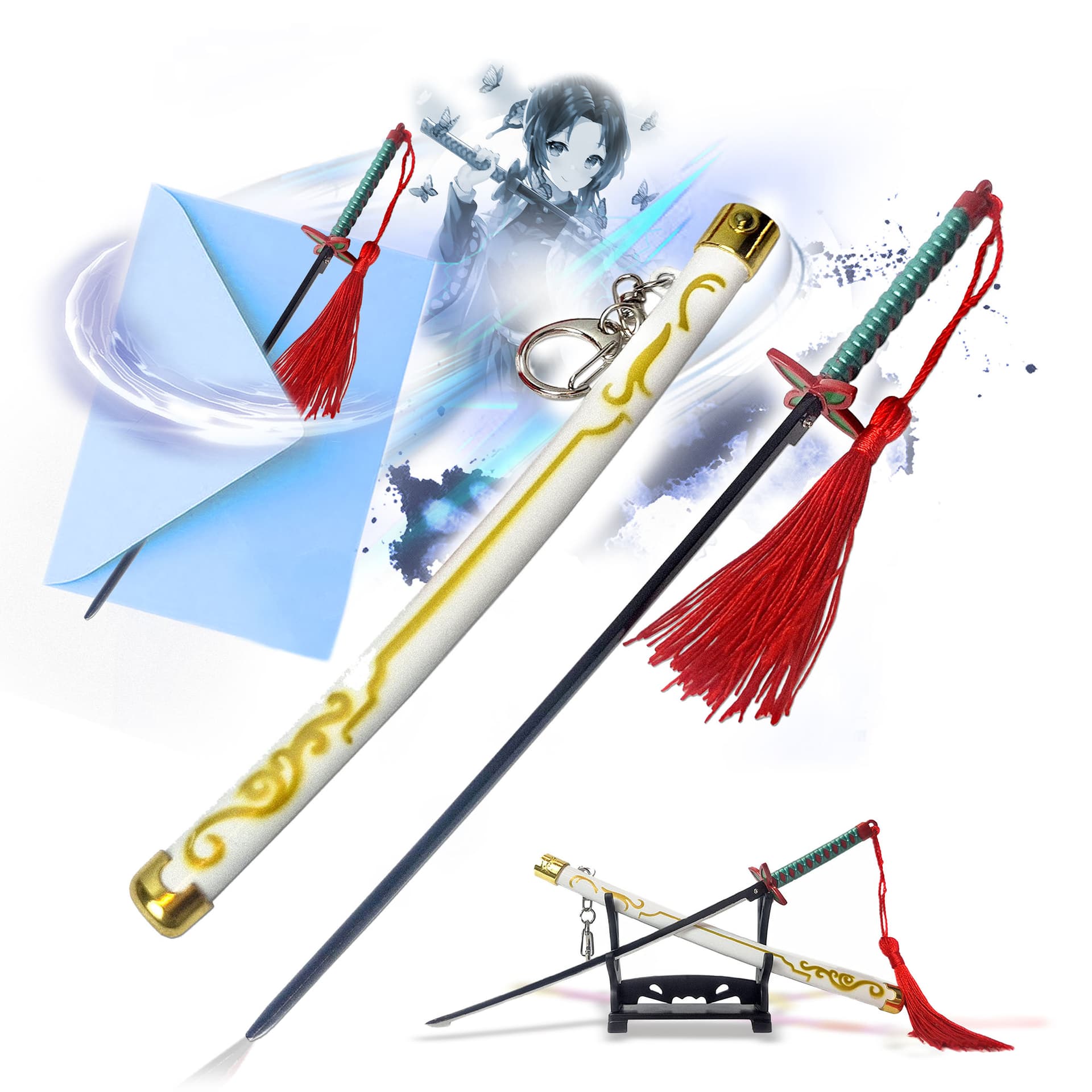 Demon Slayer – Shinobu Kochos Samuraikatana, Schwert-Brieföffner mit Scheide und Ständer