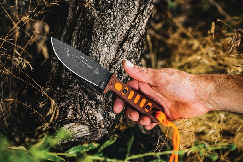 Lite Trekker, Tan Canvas Micarta Handles with Orange Inlays