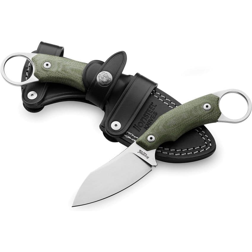 H1, M390 Stonewashed Sheepsfoot-Klinge, grüner Canvas-Micarta-Griff, schwarze Lederscheide