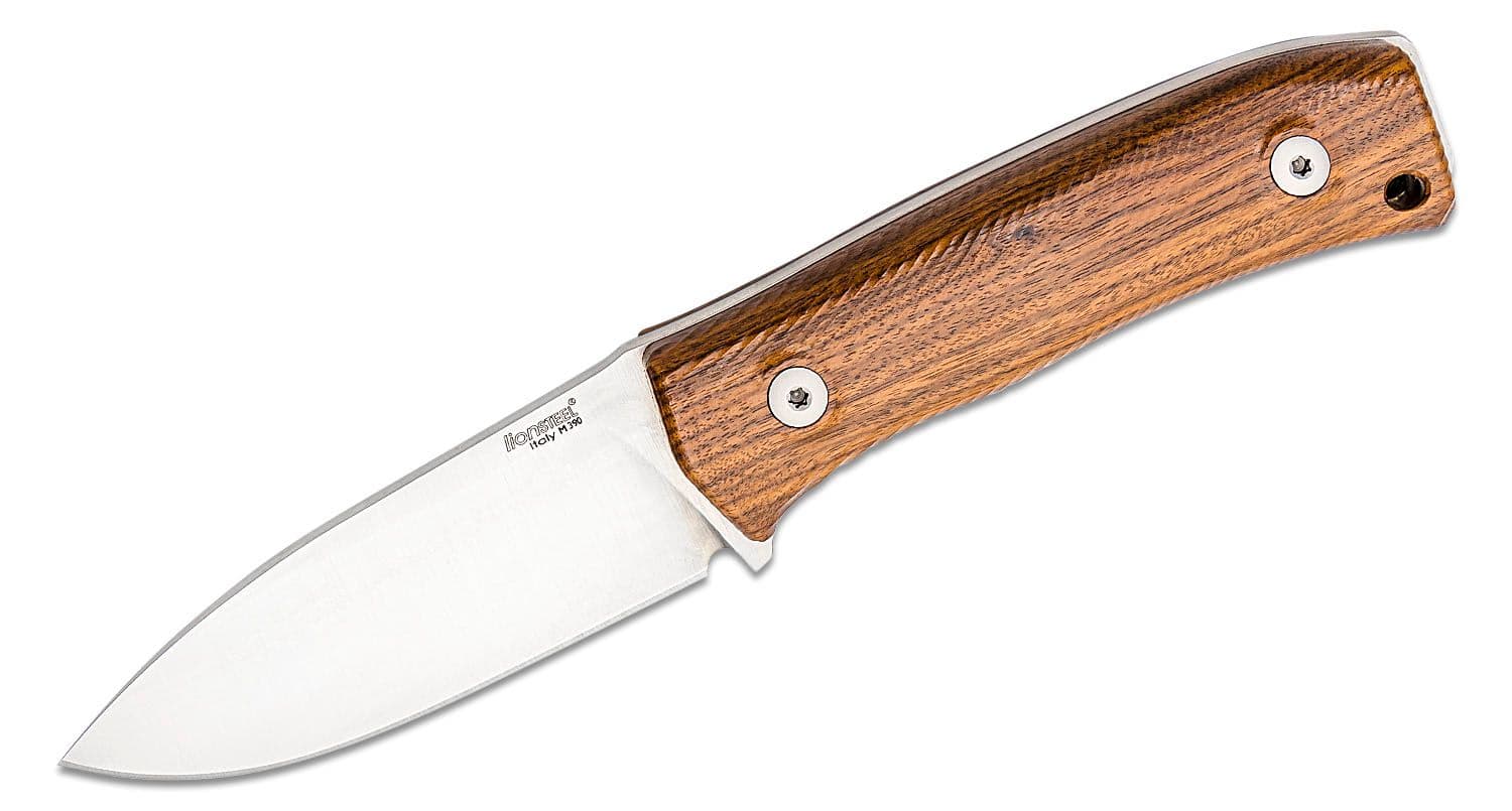 M4 Bushcrafting, Satin M390 glatte Klinge, Griff aus Santos-Holz, Lederscheide