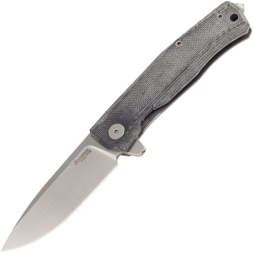 Myto, M390 Satin-Klinge, schwarzes Canvas-Micarta und Titan-Griff