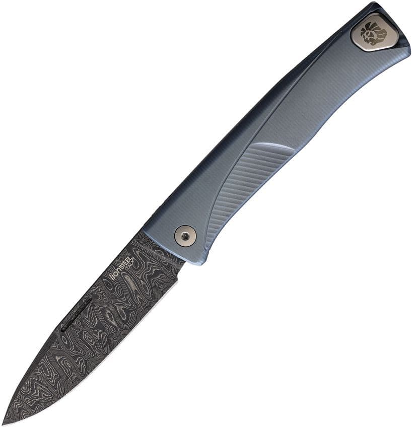Thrill, Nichols Scrambled Damast-Klinge, blauer Titan-Griff