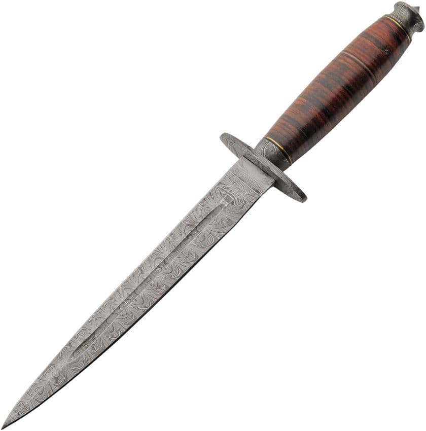 Tanners Edge Damast Dolch – 33cm Zweischneidig mit Ledergriff & Damast-Beschlägen