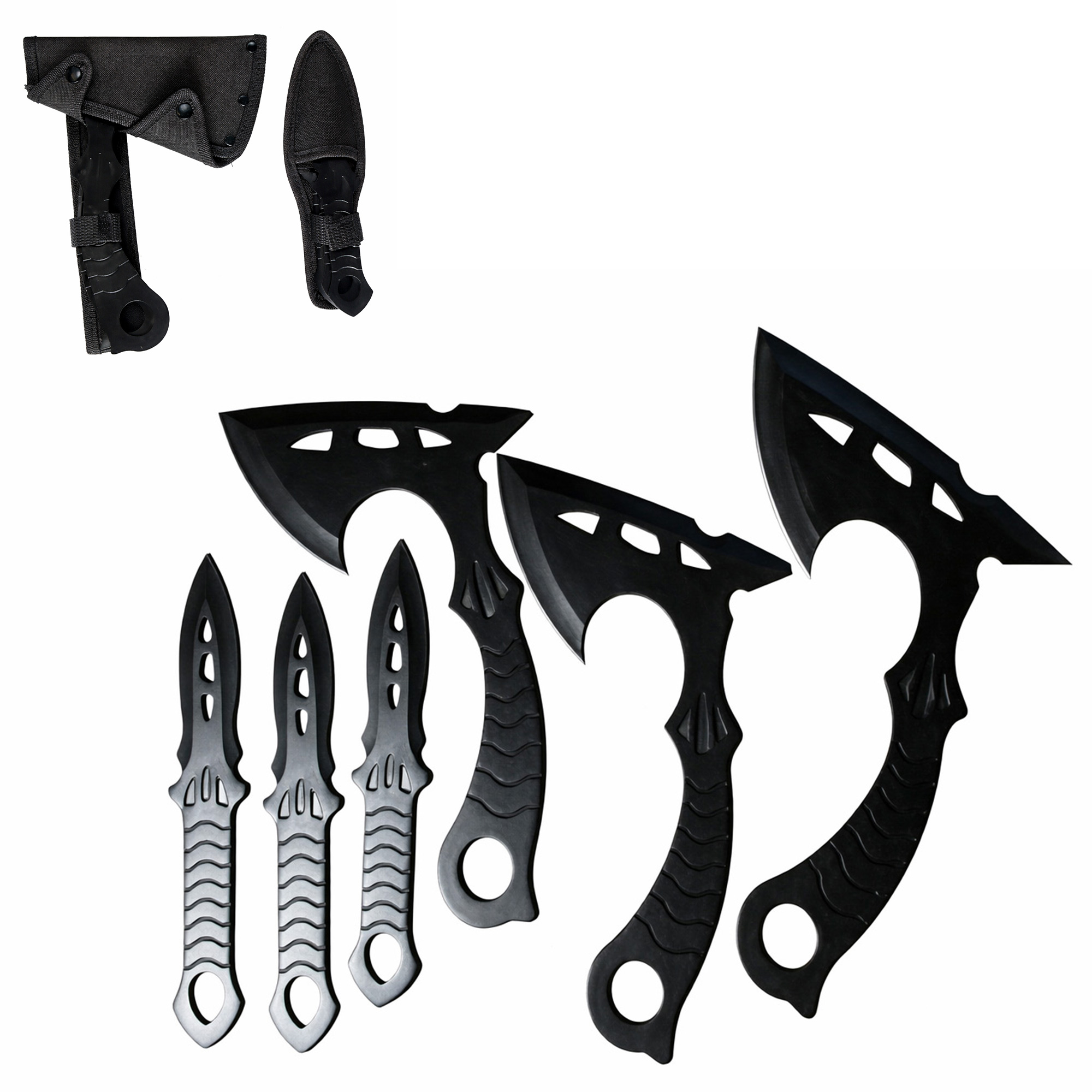 3 Wurfmesser + 3 Wurfäxte – Wurfset mit Nylon-Pouch