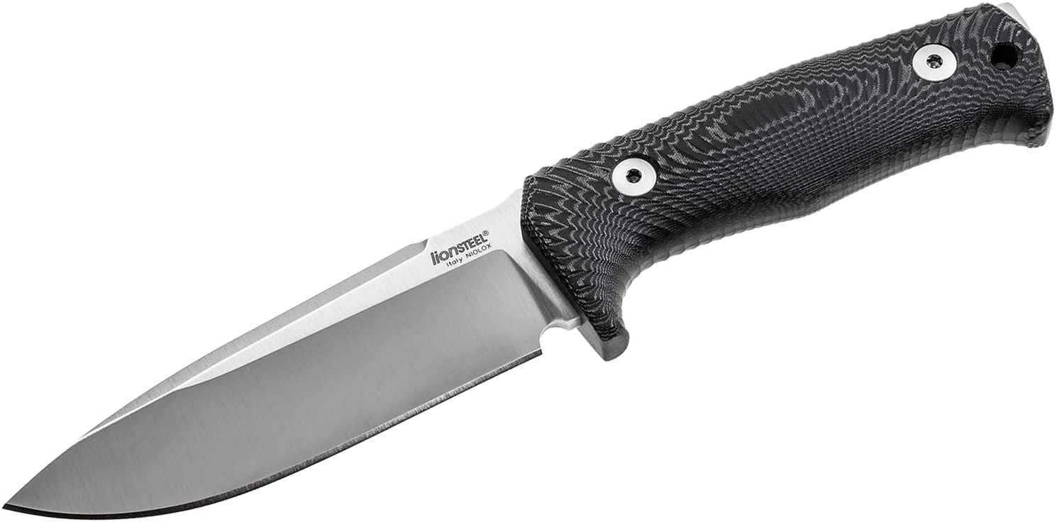 T5 MI Solid, Satin Niolox-Klinge, einteiliger schwarzer Micarta-Griff, Lederscheide