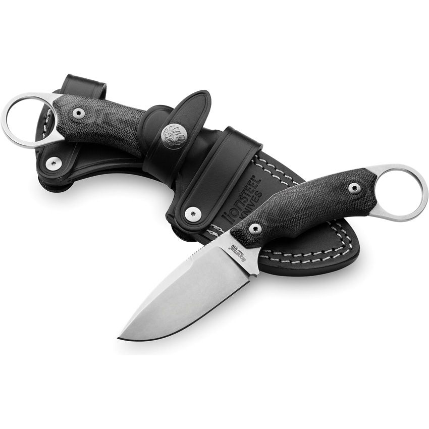 H2, M390 Stonewashed Drop Point-Klinge, schwarzer G10-Griff, schwarze Lederscheide