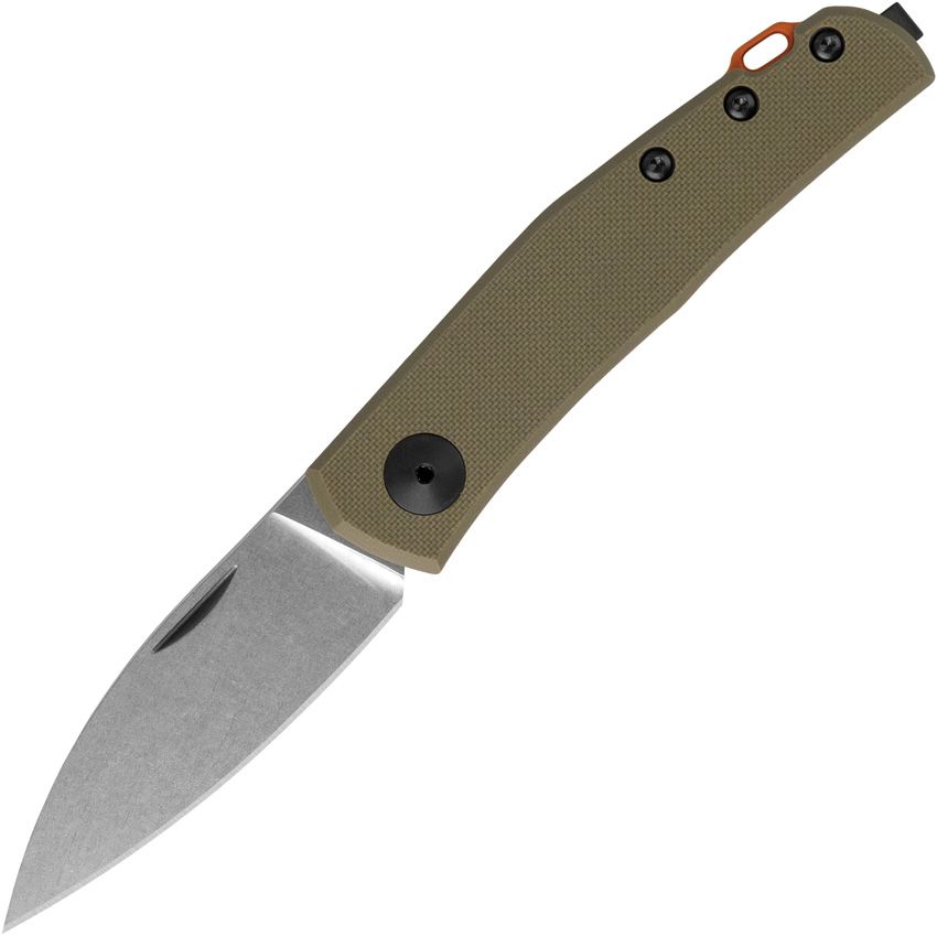 Jens Anso Messer, CPM-20CV Stonewashed Spear Point Klinge, olivfarbener G10-Griff