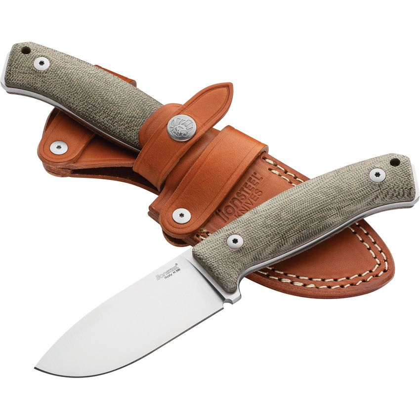 MCKF Hunter, M390 Drop Point, grüner Canvas-Micarta-Griff, MOLLE-Lederscheide