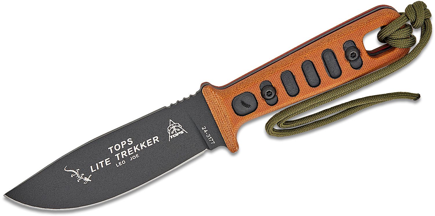 Lite Trekker, 1095er Klinge, Griffe aus hellbraunem Canvas-Micarta mit schwarzen Einlagen