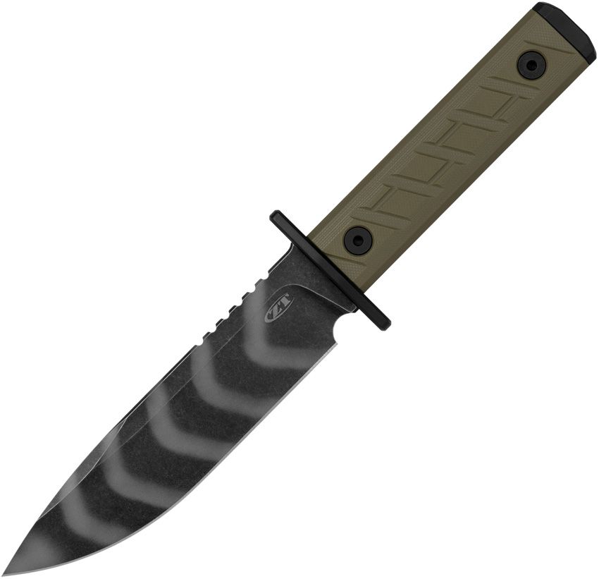 Modell 0006TSOL, CPM-3V Tiger Stripe Clip Point-Klinge, olivfarbene G10-Griffe, Kydex-Scheide