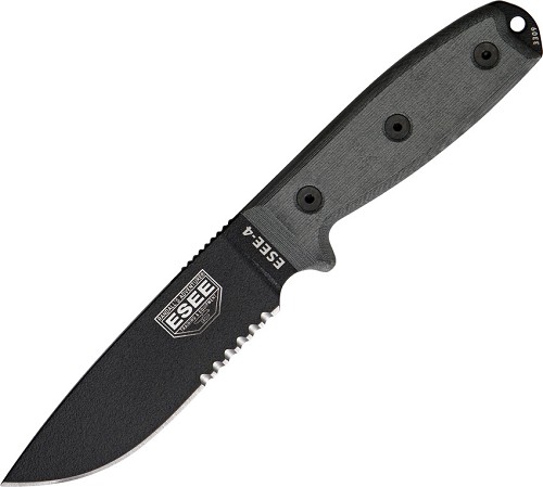 Esee Modell 4, teilgezahnte Schneide mit Scheide, schwarz