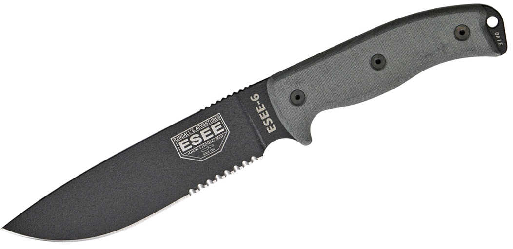 Esee Modell 6, feststehende Klinge, schwarz, teilgezahnt