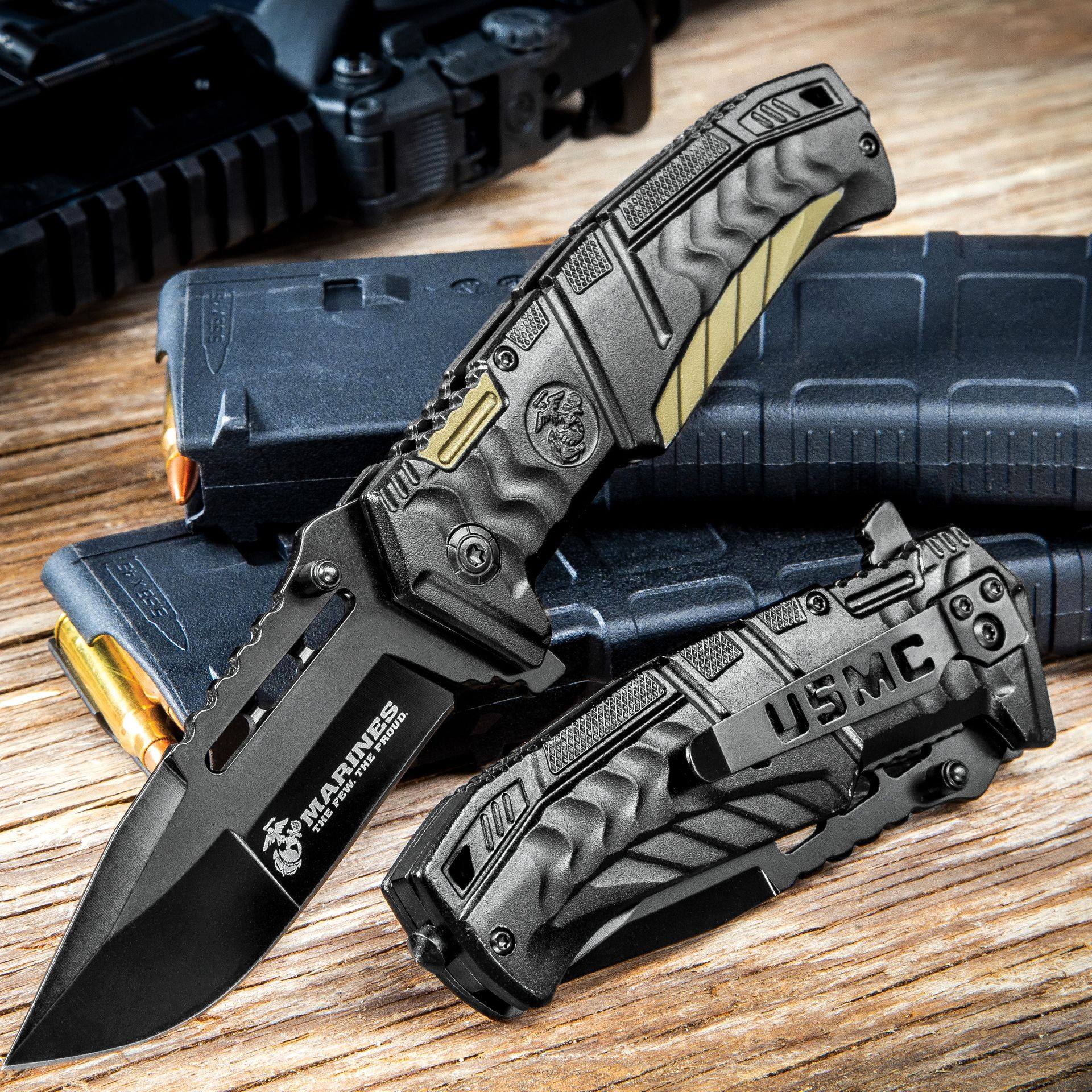 USMC Schwarzes und Hellbraunes Taschenmesser mit Öffnungshilfe